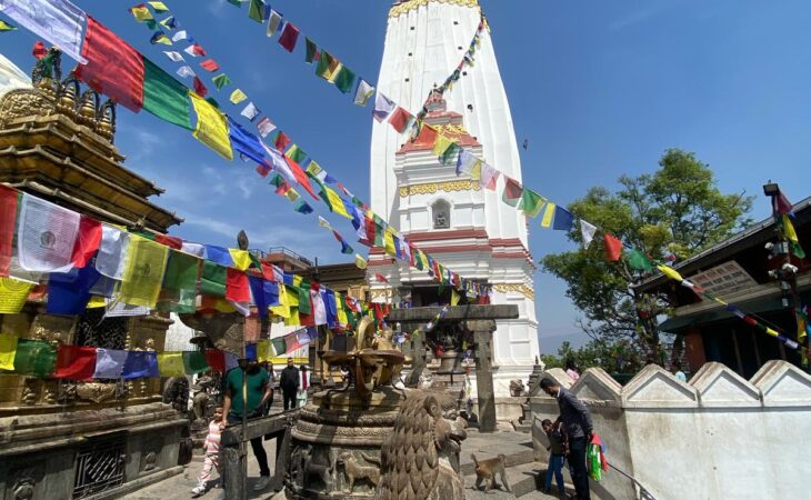 Buddhist stupa surrounded by colorful prayer flags and stone carvings in a temple area.